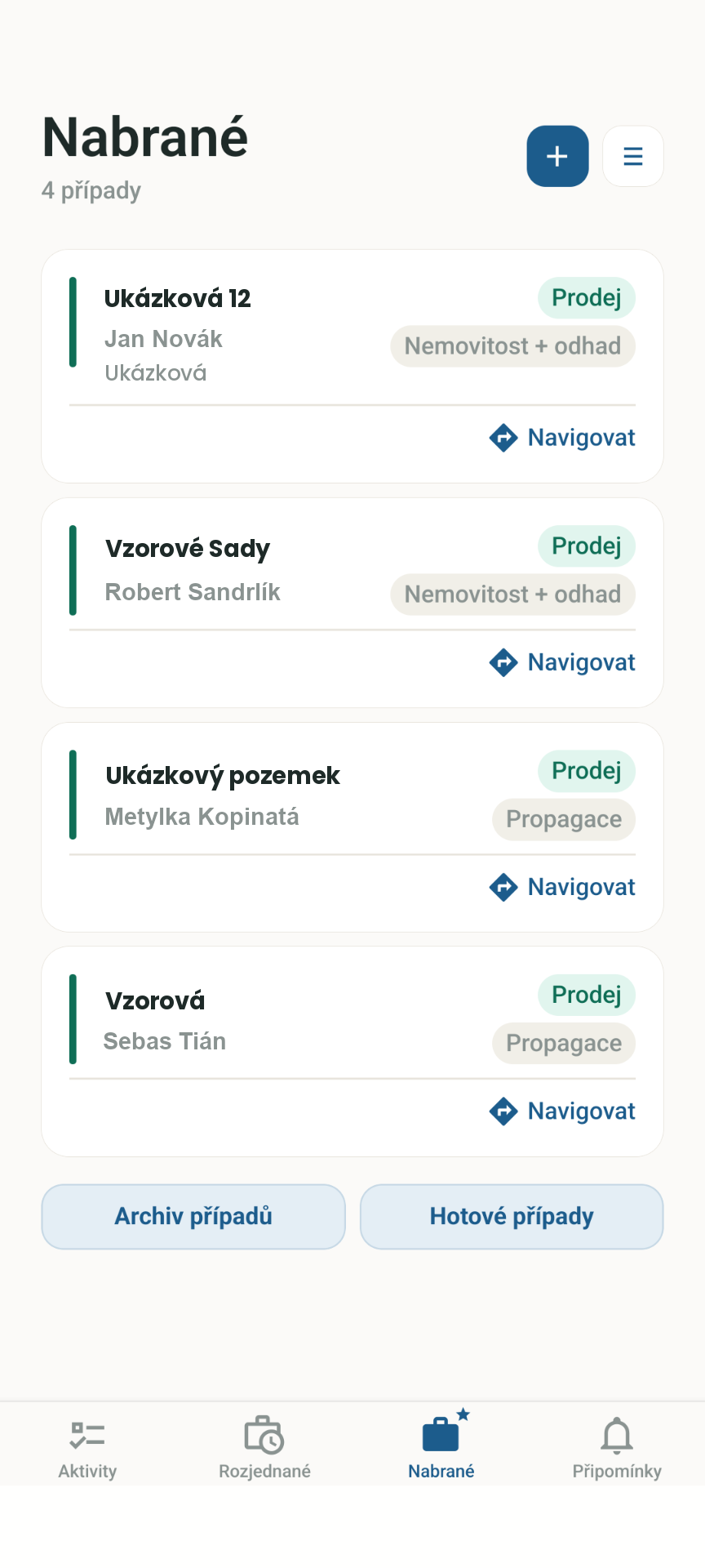 Snímek obrazovky appky Realenka — seznam nabraných případů