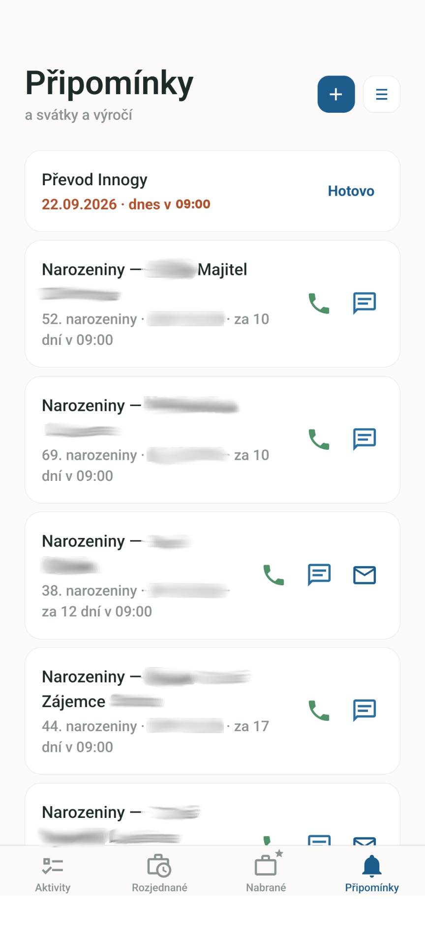 Snímek obrazovky appky Realenka — připomínky a výročí